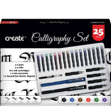 Create Calligraphy Set - 25 Piece Set Fountain Pens | for Writing, Includes (2) Calligraphy Pens, (5) Nibs, (16) Calligraphy Ink Colours, (1) A5 Pad |