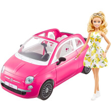 Barbie Doll and Fiat 500 Car, Pink 4-Seater Vehicle with Barbie Doll