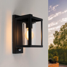 Ledvion - Wall Lamp Square White Sensor Black, IP44, E27, Black Wall Lamp Outdoor,