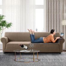 (Coffee Spandex, 4 Seater: 335 X 218 cm) Water Proof Sofa Cover Reversible Chair Recliner Cover Quilted Furniture Pet Protector