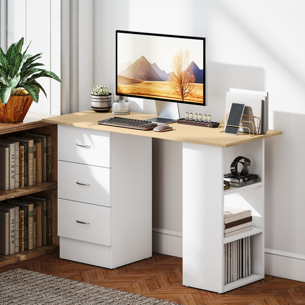 Homcom (White) 120Cm Computer Desk, Study Table With 3 Shelf & Drawers White