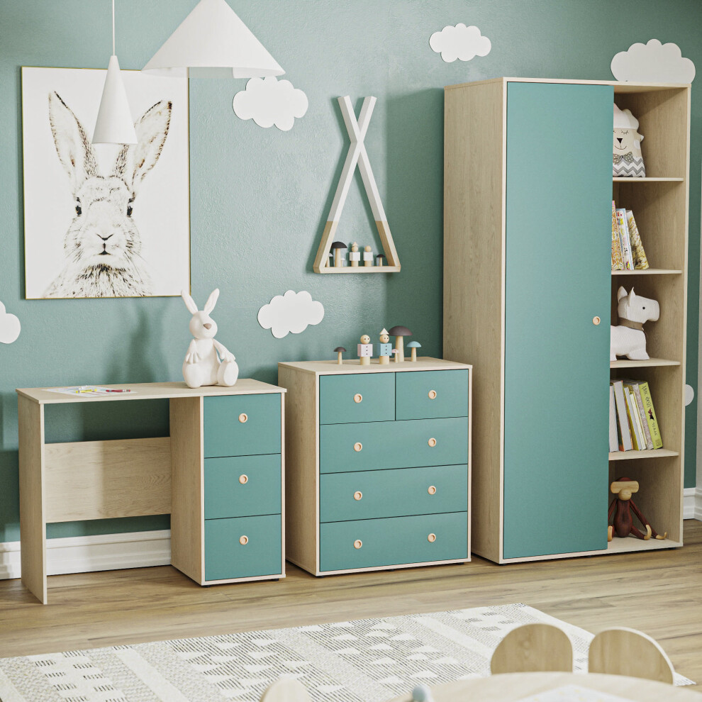 (Teal & Oak) Neptune 3 Piece Bedroom Set Desk Drawers Wardrobe