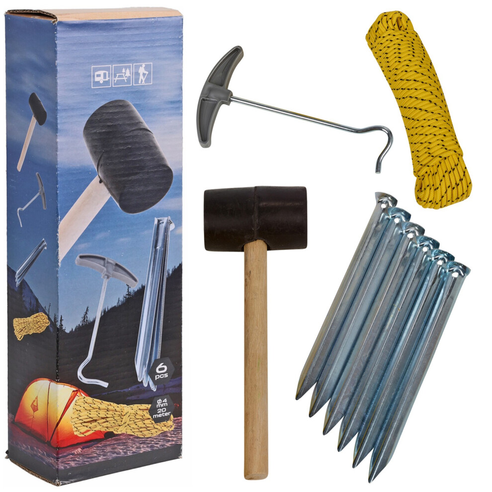 Urbn Living 9Pc Camping Tent Peg Set With Mallet Hammer Rope & Peg Puller Extractor Kit