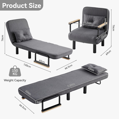 MCC (SINGLE, GREY) 4 in 1 Folding Sofa Bed Convertible Lounge Chair 2