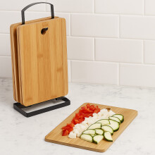 Set of 6 Wooden Chopping Boards with Stand Bamboo Kitchen