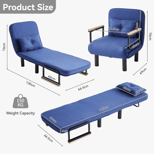 MCC (SINGLE, BLUE) 4 in 1 Folding Sofa Bed Convertible Lounge Chair 2