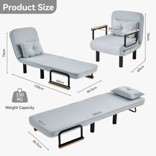 MCC (SINGLE, LIGHT GREY) 4 in 1 Folding Sofa Bed Convertible Lounge Chair 2