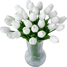 (White) 20pcs Artificial Tulip Flowers Fake Real Touch Tulips Flower Bouquet for Wedding Arrangements Home Decoration