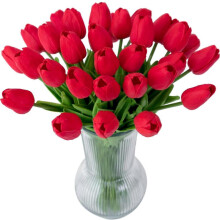 (Red) 20pcs Artificial Tulip Flowers Fake Real Touch Tulips Flower Bouquet for Wedding Arrangements Home Decoration