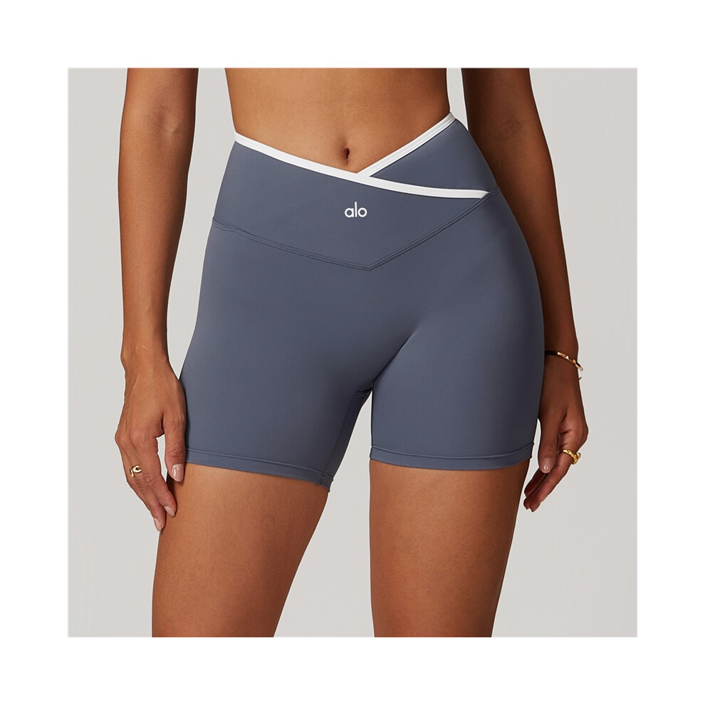 (Blue and gray, L) Wearing cross-high waist lifting nude jogging shorts for women with yoga pants