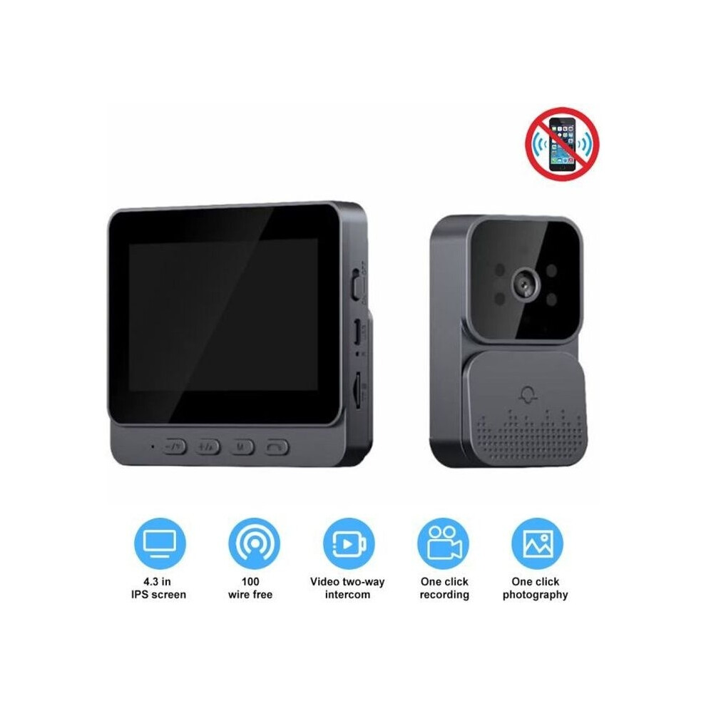Interphone visuel sans fil, sonnette vidéo sans fil 4,3 pouces, sonnette visuelle Wi-Fi 2,4 g avec vision nocturne et caméra