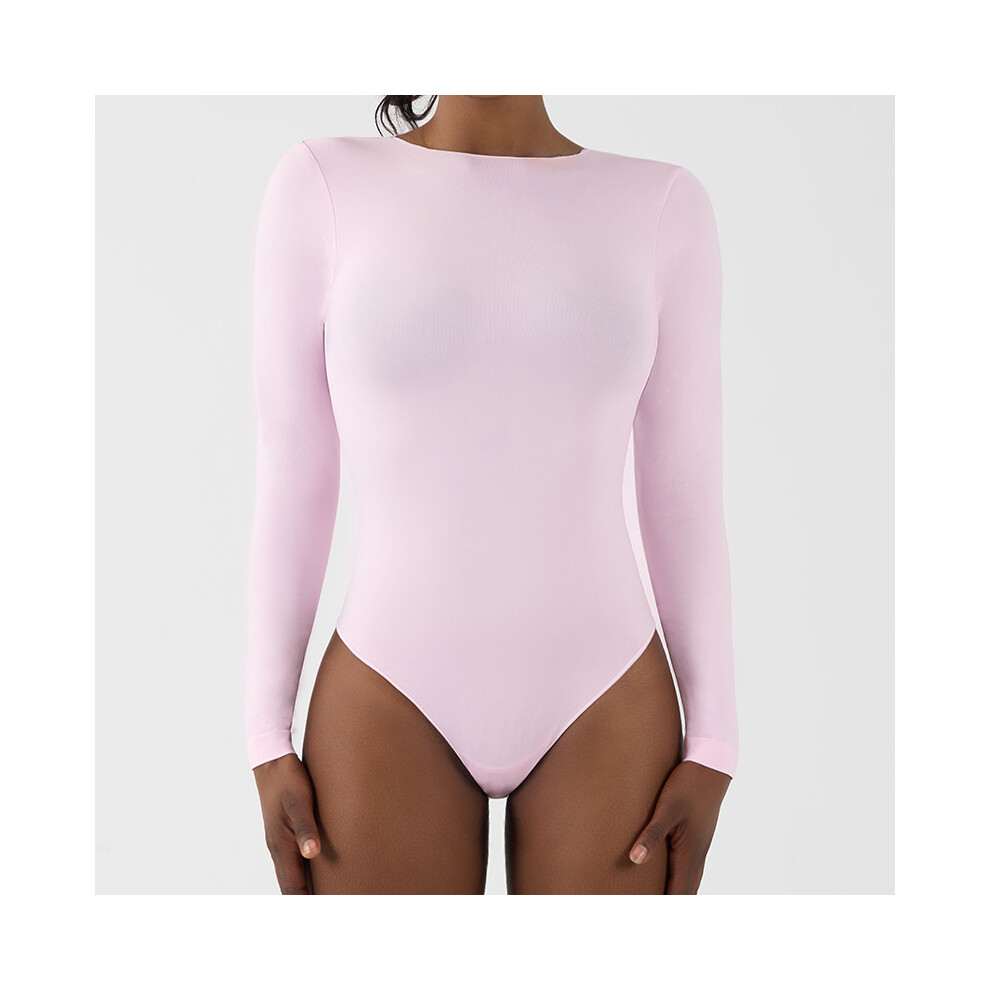(Pink, XL) SKMS Kardashian Seamless T-shirt Bodysuit Seamless Long Sleeve V-crotch High-Elastic Yoga Body Shaping