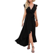 (M) Women s Summer Floral Print Cross V Neck Dress Bohemian Flowy Long Maxi Dresses