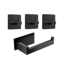 (As show, One size) Toilet Paper Holder No Drilling Toilet Paper Holder Black 3 Towel Hooks Self-adhesive Stainless Ste