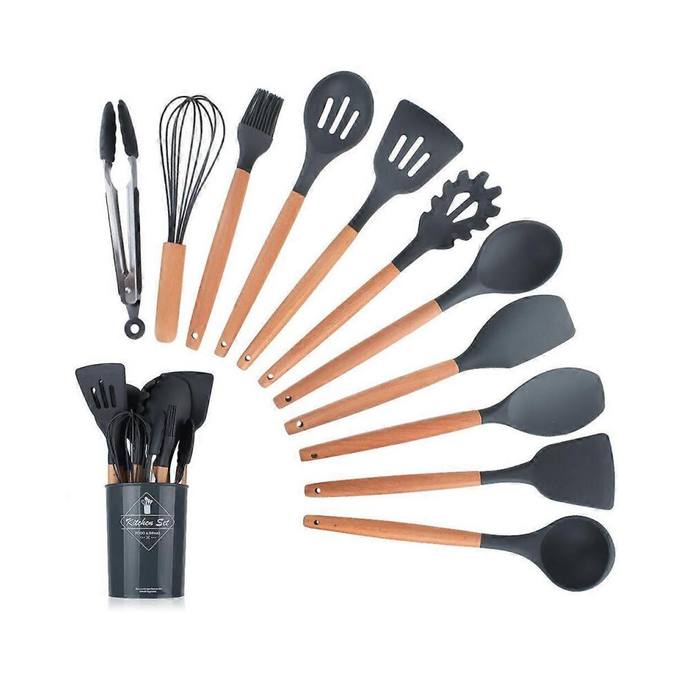 (Grey)Kitchen Cooking Utensils Set 11Pcs Non-Stick Silicone Cooking Kitchen Utensils Spatula Set with Holder