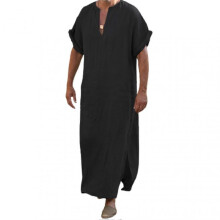 (M, Black) Deep V-neck Men Robe Short Loose Robe Traditional Clothing f26