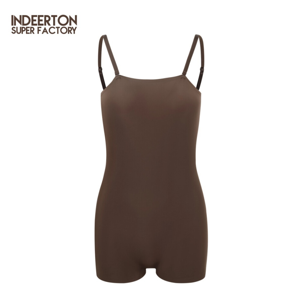 (Coffee/Coffee, S) European and American Bodysuit Onesie Backless Flat Angle High Elastic Tight Yoga Adjustable Shoulder Strap Shaping Clothes Skims