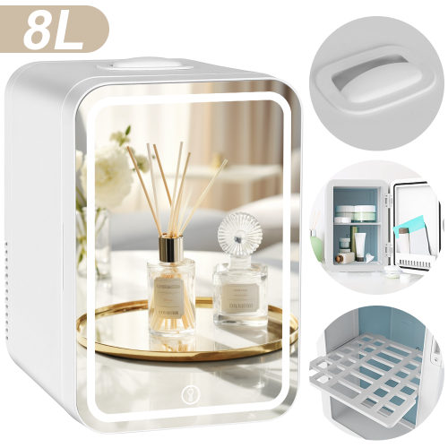 8L Mini Fridge with LED Mirror Portable Cooler Warmer Table Top Bedroom Makeup 1