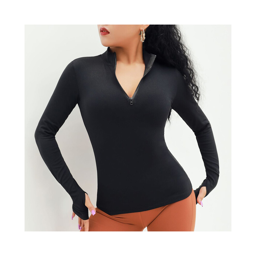 (Black, M) New European and American zippered long-sleeved sports jacket for women with slimming and quick-drying yoga suits for running and fitness tops