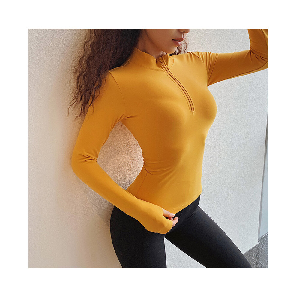 (Yellow, XL) New European and American zippered long-sleeved sports jacket for women with slimming and quick-drying yoga suits for running and fitness tops