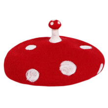 (As show, One size) Cute Small Mushroom Beret Cap Elegant Women Kids French White Dots Beanie Hat