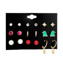 (As show, One size) 9 Pairs Hat Stars Round Alloy Simple Ear Studs Handmade Christmas Earrings