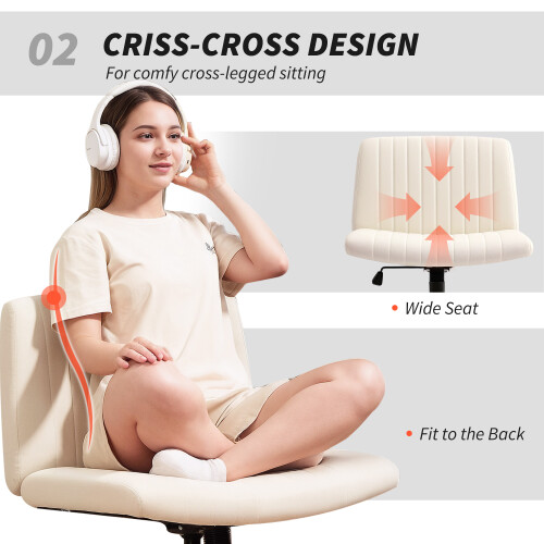 Homcom (Cream) HOMCOM Linen Criss Cross Legged Office Chair with Tilt Function 2