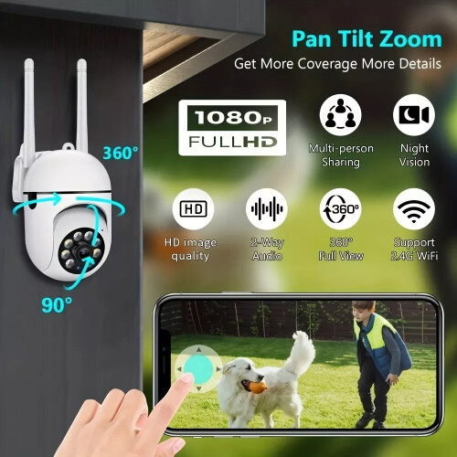 1080P Security Camera 360° View Pan/Tilt Colour Night Vision 2.4GHz WiFi 1