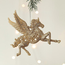 (As show, One size) Christmas Tree Pendant Christmas Flying Horse Hanging Ornaments, Gold Glitter Horse Xmas Tree Hanging Figurine for Holiday Party Home Decor Christmas