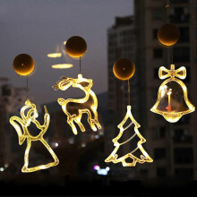 (As show, One size) 4 Pieces Christmas Window Lights LED Suction Cup Lights Christmas Tree Santa Bells Christmas Elk Window Hanging Lights for Christmas Decoration (Xmas