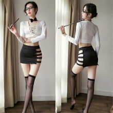 (As show, One size) Sexy sexy lingerie, secretary, teacher, uniform, seduction, passion, silk stockings, role playTop+skirt+bow knot+black stockings+glasses