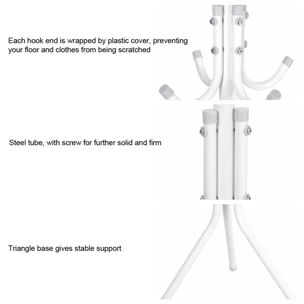 Multi Hook Metal Coat Hat Rack Tree Stand Clothes Bag Hanger Organizer for Home Bedroom (White)-image-OPC-PHP9HGN-NEW
