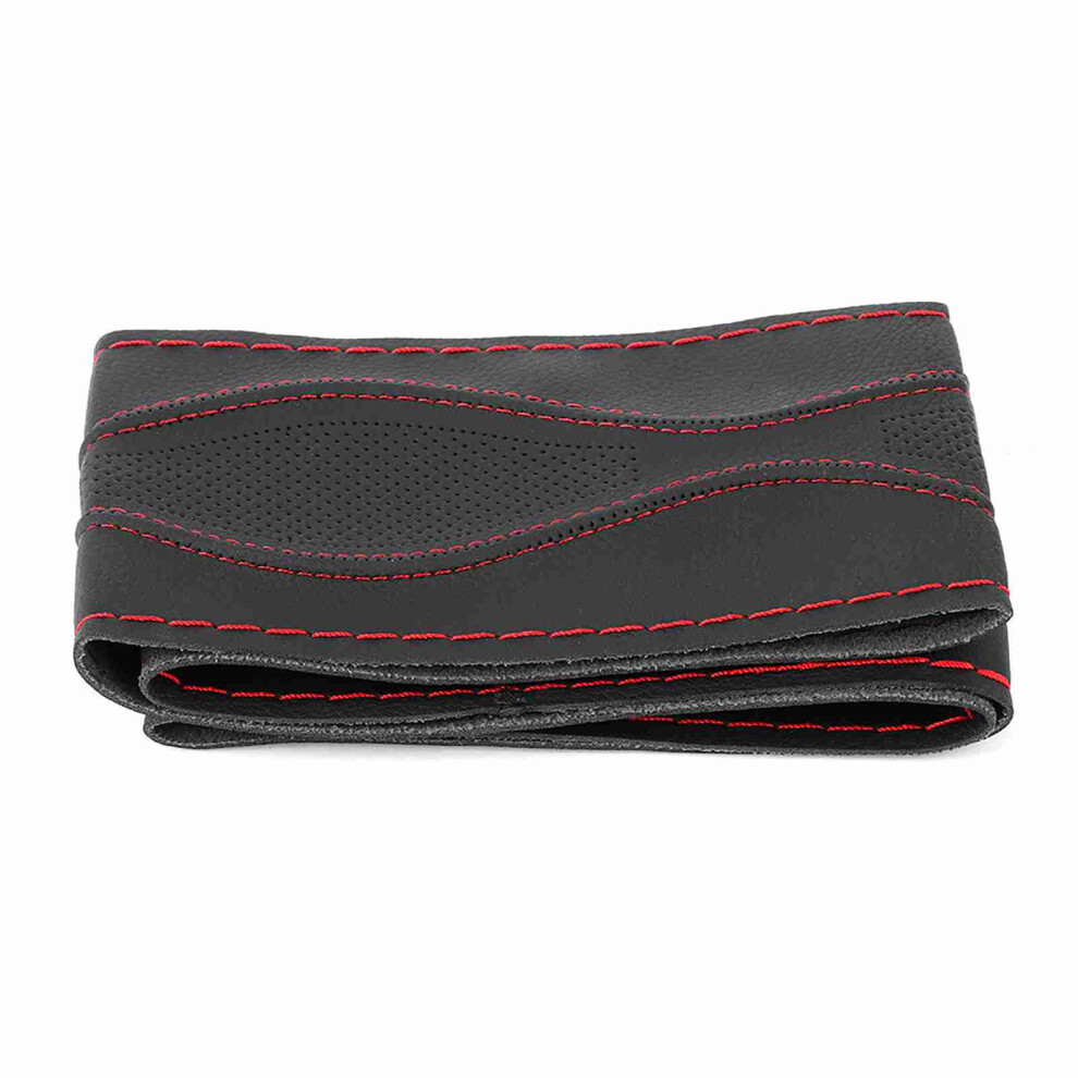 38Cm/15In Leather Steering Wheel Wrap Cover Hand Stitching Embossing With Needle And Thread Universalblack Red 9491311724579