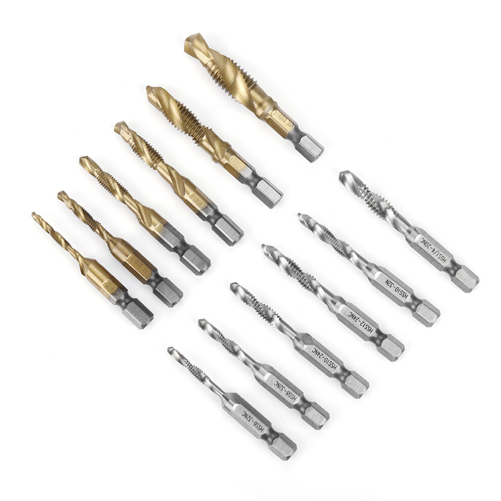 12Pcs M3-M10 Hex Shank Titanium Plated Hss Screw Thread Metric & Inch Tap Drill Bits 4631311730131