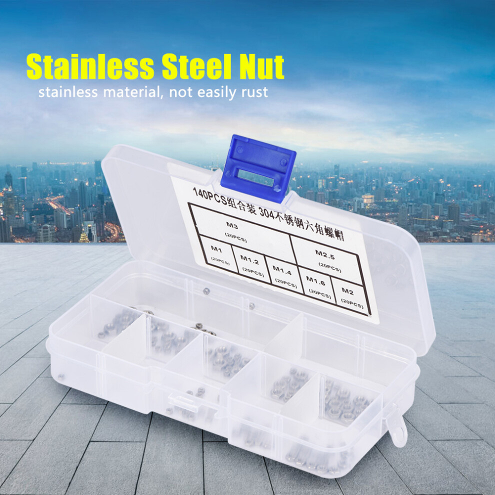 140Pcs M1/M1.2/M1.4/M1.6/M2/M2.5/M3 Thread Stainless Steel Hex Hexagonal Nuts 3681311741379