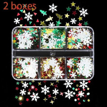 (As show, One size) 6 grids of Christmas nail glitter sequins a winter nail art stickers decorative holographic laser snowflake glitter nail chips (two boxes)