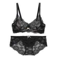(As show, One size) Sexy lace embroidery no steel ring comfortable gathering underwear bra set(black)