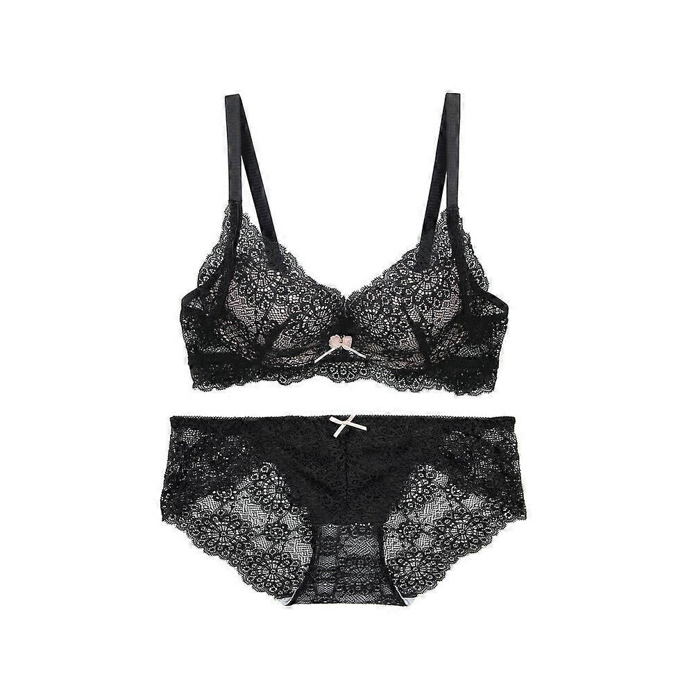 (As show, One size) Sexy lace embroidery no steel ring comfortable gathering underwear bra set(black)-image-OPC-PHP9T59-NEW