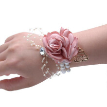 (As show, One size) Girls bridesmaid wrist corsage bridal silk wrist flowers with faux pearl beads stretch wrist( Champagne Powder)