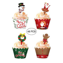 (As show, One size) 48pcs Cake Topper Cupcake Wrappers Cupcake Wrappers Liner Baking Cup Paper Cupcake Wrappers Christmas Cake Decorations Snowman Santa Claus