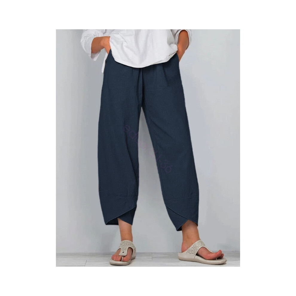 (Navy, L) Summer Ladies Womens Cotton Linen Baggy Casual Harem Pants Trousers Plus Size Hot-image-OPC-PHP9VQZ-NEW