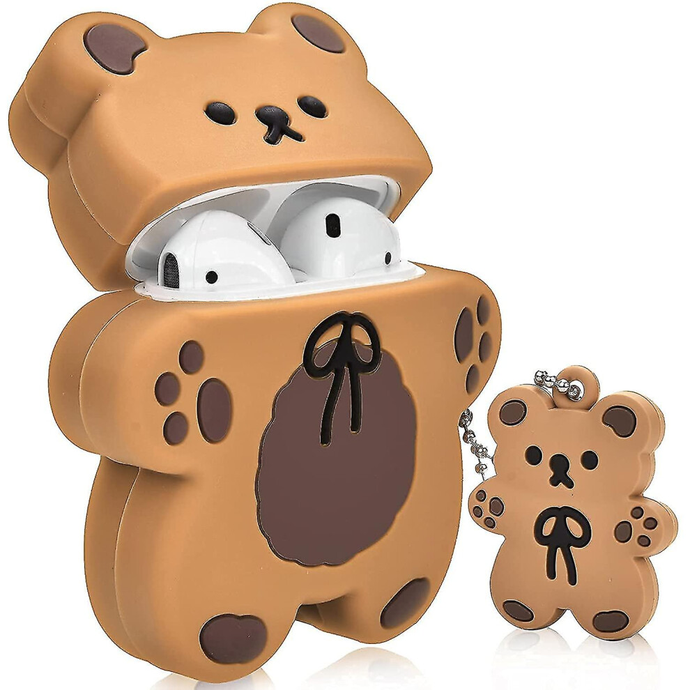 (As Show, One Size) Cute Airpods Cases With Bear Keychain Cartoon Biscuit Bear Design Full Protective Silicone Coverdark Brown 4704245221768