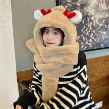 (As show, One size) Faux fur cute hooded warm gloves scarf 3 in 1 hat Christmas winter earmuffs hatKhaki