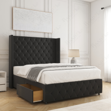 (Black (with Mattress), 4ft Small Double) Ruby Divan Double Bed Frame with Mattress Included Plush 54inch Wingback Chesterfield Headboard 2 Storage Drawers Footend Side