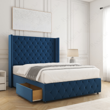(Blue (with Mattress), 3ft Single) Ruby Divan Double Bed Frame with Mattress Included Plush 54inch Wingback Chesterfield Headboard 2 Storage Drawers Footend Side