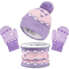 (As show, One size) Purple 2 To 6 Years Kids 3-in-1 Hat, Scarf, Gloves Set - Knitted Beanie Diamond Shape Thick Thermal Knit Fleece - For Kids Baby Winter Accessories