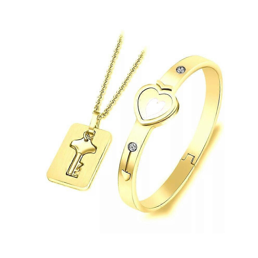 (As Show, One Size) Set Of Master Collection Cuff Lock Bracelet And Key Necklace Couple Bracelet Concentric Lock Love Lock Titanium Steel Bracelet Key 4704245296834