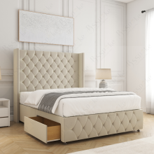 (Cream (with Mattress), 3ft Single) Ruby Divan Double Bed Frame with Mattress Included Plush 54inch Wingback Chesterfield Headboard 2 Storage Drawers Footend Side