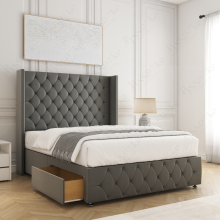 (Grey (with Mattress), 3ft Single) Ruby Divan Double Bed Frame with Mattress Included Plush 54inch Wingback Chesterfield Headboard 2 Storage Drawers Footend Side