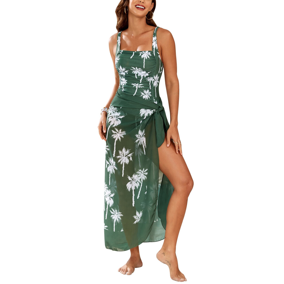 (Green, XXL) Women Swimsuit One-piece with Sarong Cover Up Skirt 2PCS Floral Print Swimwear Tummy Control Beachwear